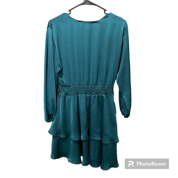 NWT Zara Teal Long Sleeve Satin Mini Dress Elastic Waist Ruffled Hem V-Neck M - Picture 9 of 11